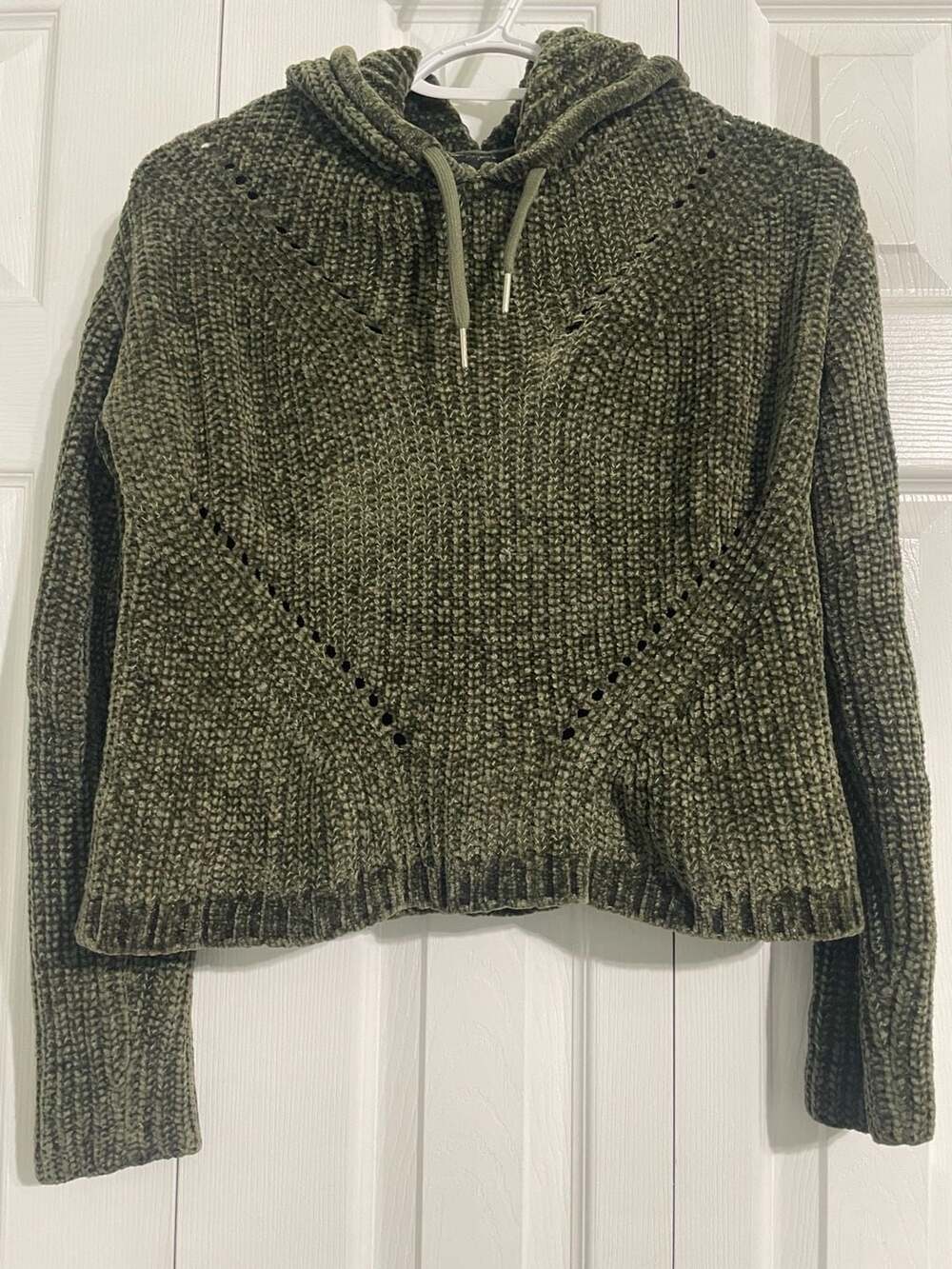 Olive Green Chenille Knit Cropped Hoodie